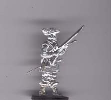 Musketier mit Hut, stehend, feuerbereit, ohne Gabel, Ladungen am Bandelier